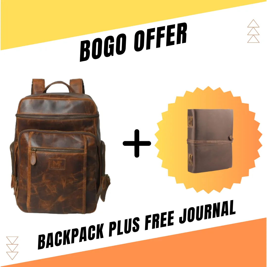 BOGO: Alpha Caramel Buffalo Leather Travel Backpack   FREE Leather Journal