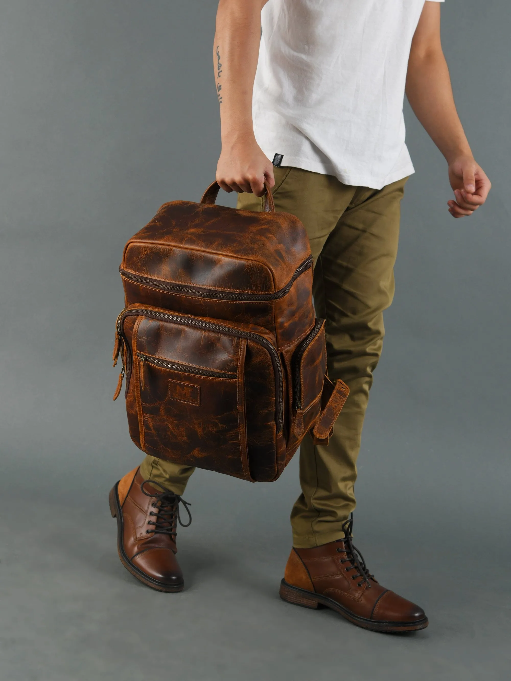 BOGO: Alpha Caramel Buffalo Leather Travel Backpack   FREE Leather Journal