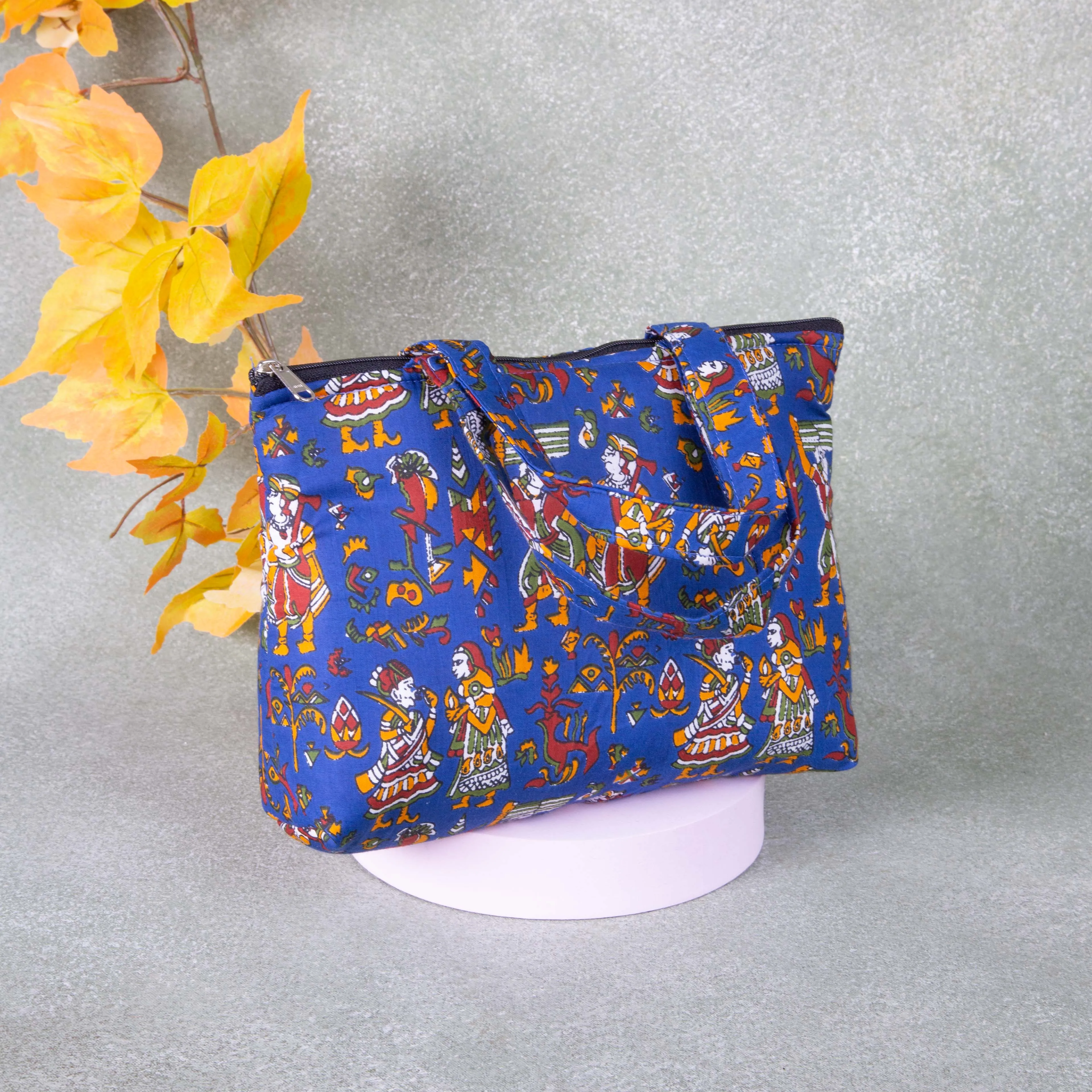 Bristlefront everyday handy bags Blue Colour With Kalamkari Design