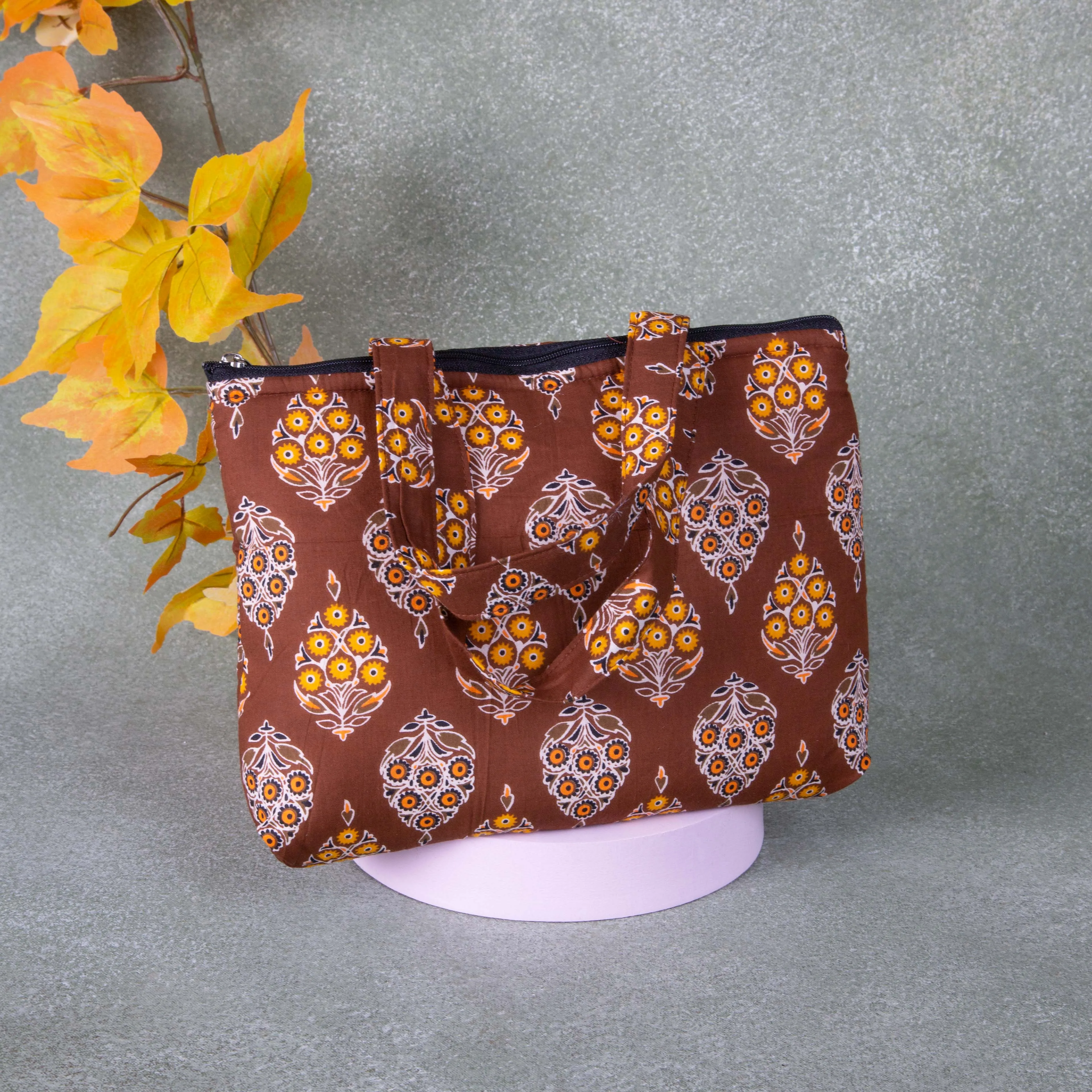 Bristlefront everyday handy bags Brown with Mustered Flower Design.