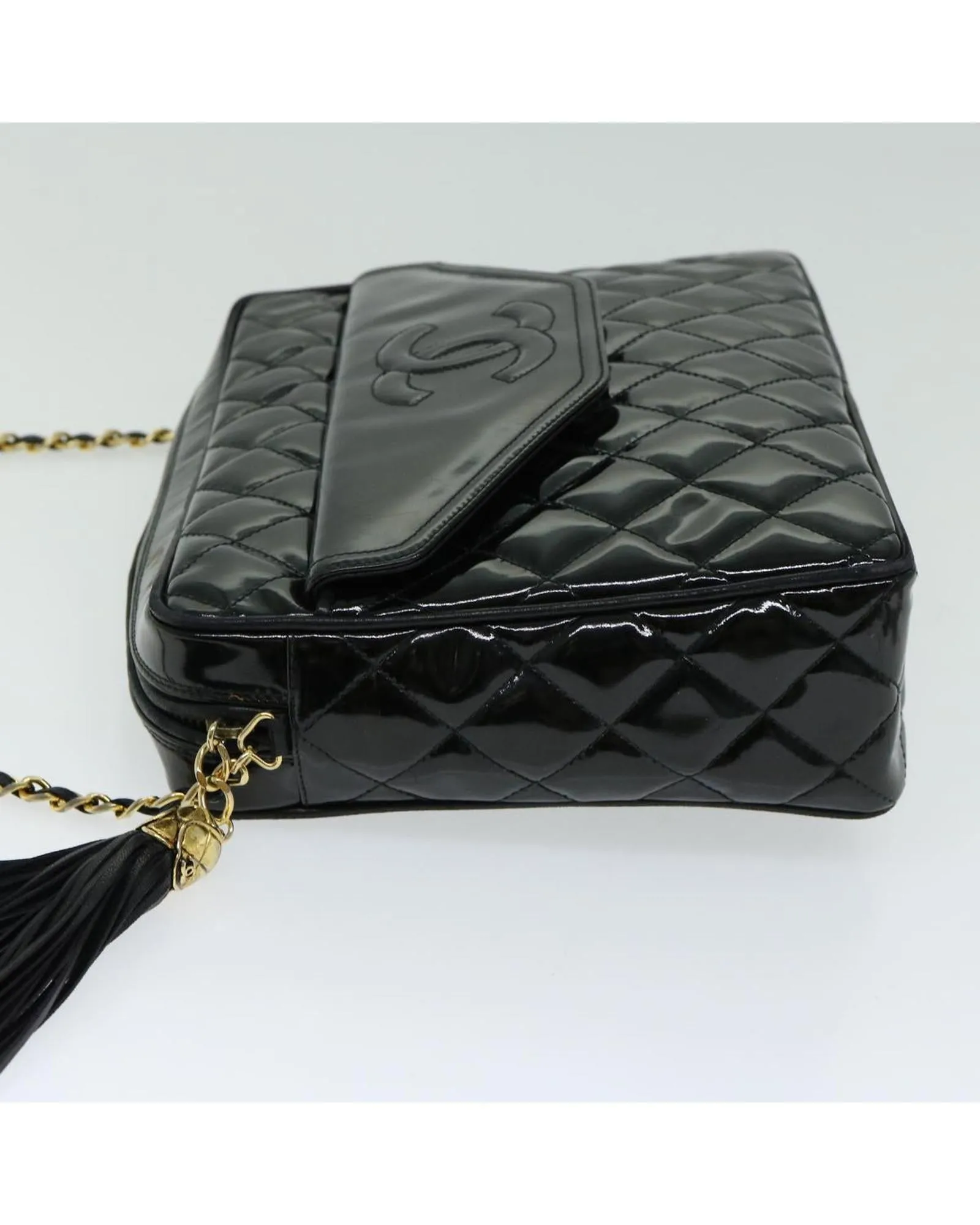 Chain Shoulder Bag with Matelasse Design and Patent Leather Finish