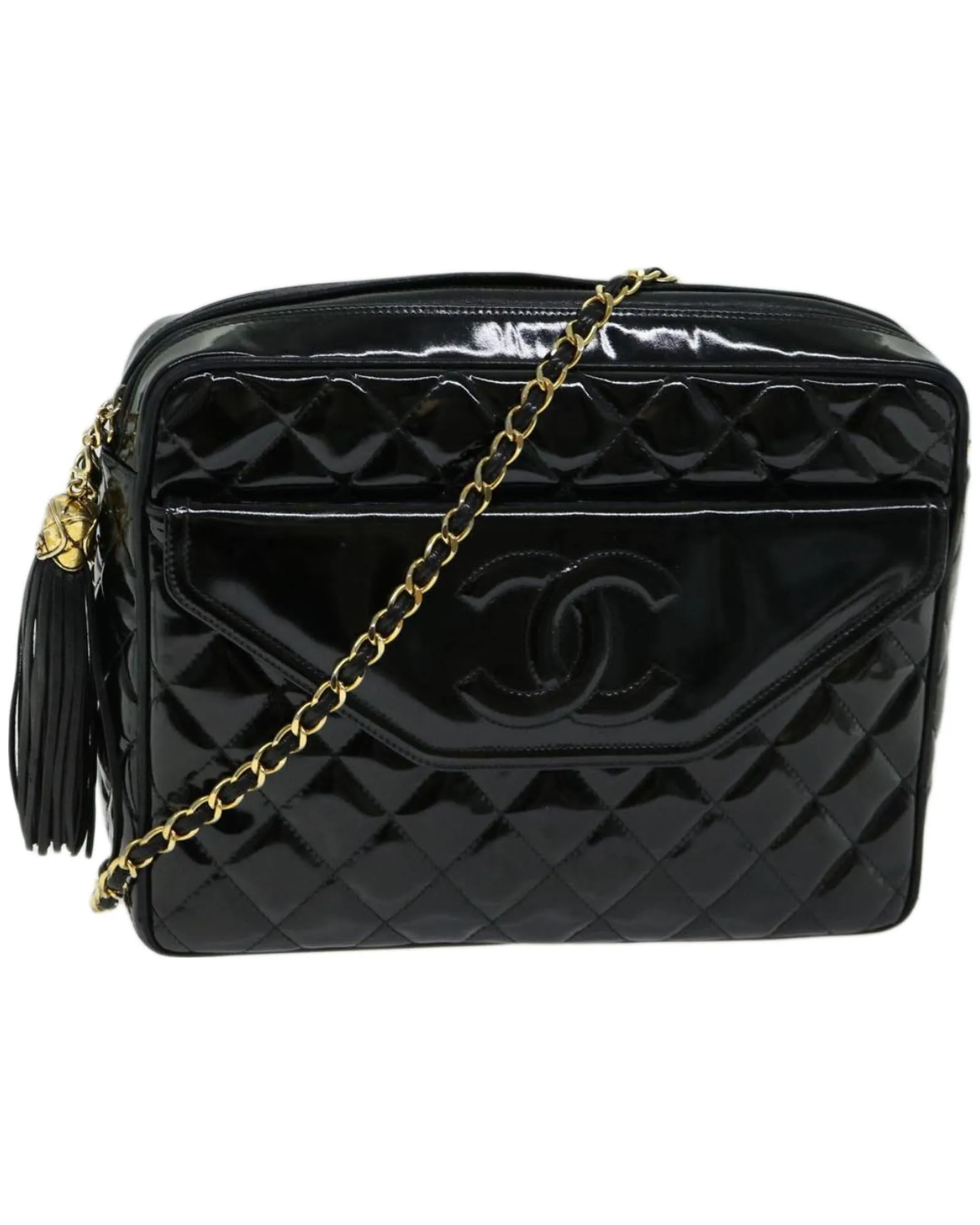 Chain Shoulder Bag with Matelasse Design and Patent Leather Finish