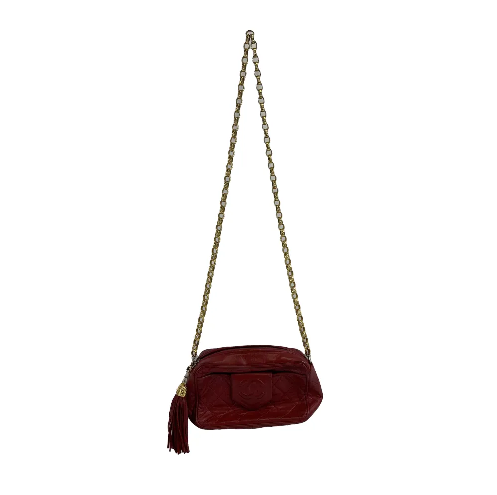 CHANEL - Vintage CC Red Lambskin Gold Chain Tassel Camera Bag Crossbody