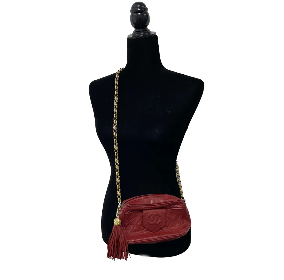 CHANEL - Vintage CC Red Lambskin Gold Chain Tassel Camera Bag Crossbody