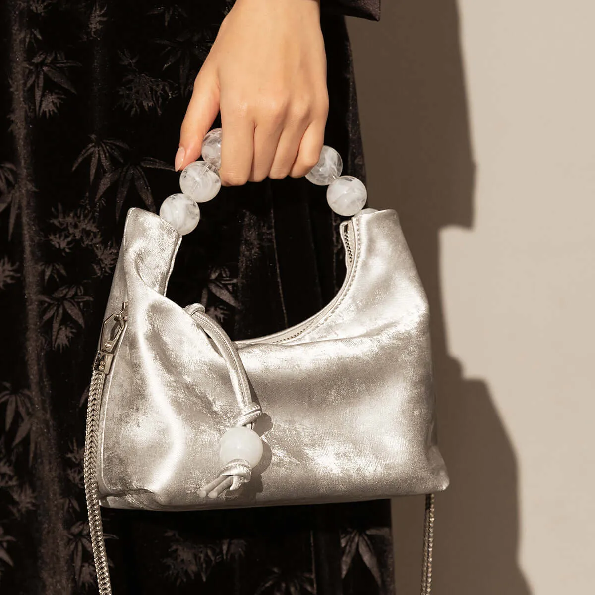 Charming Beaded Handle Leather Bag