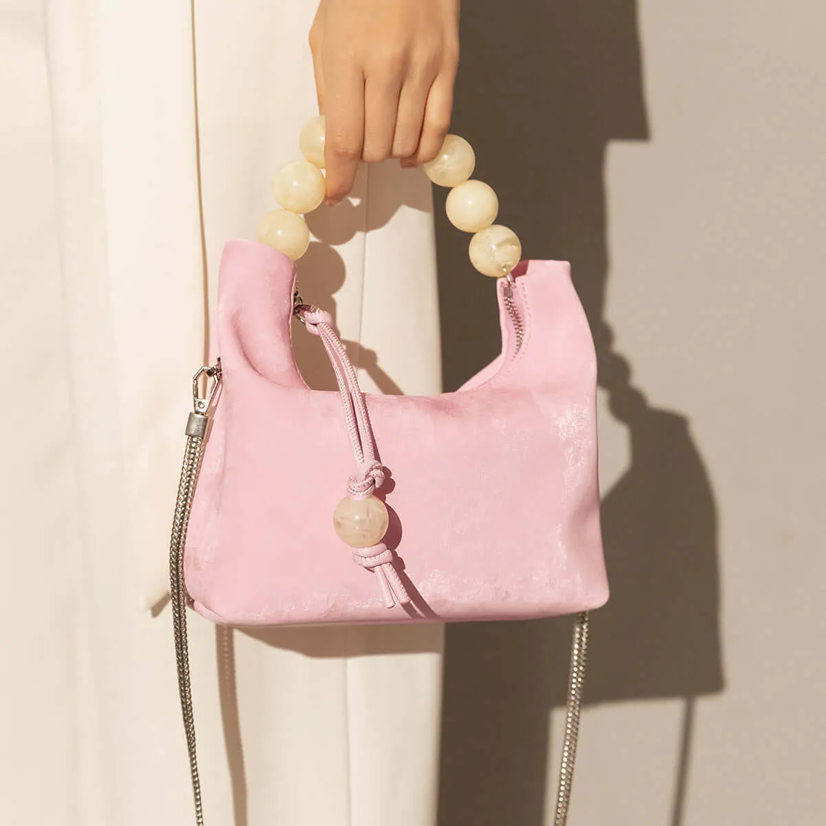 Charming Beaded Handle Leather Bag