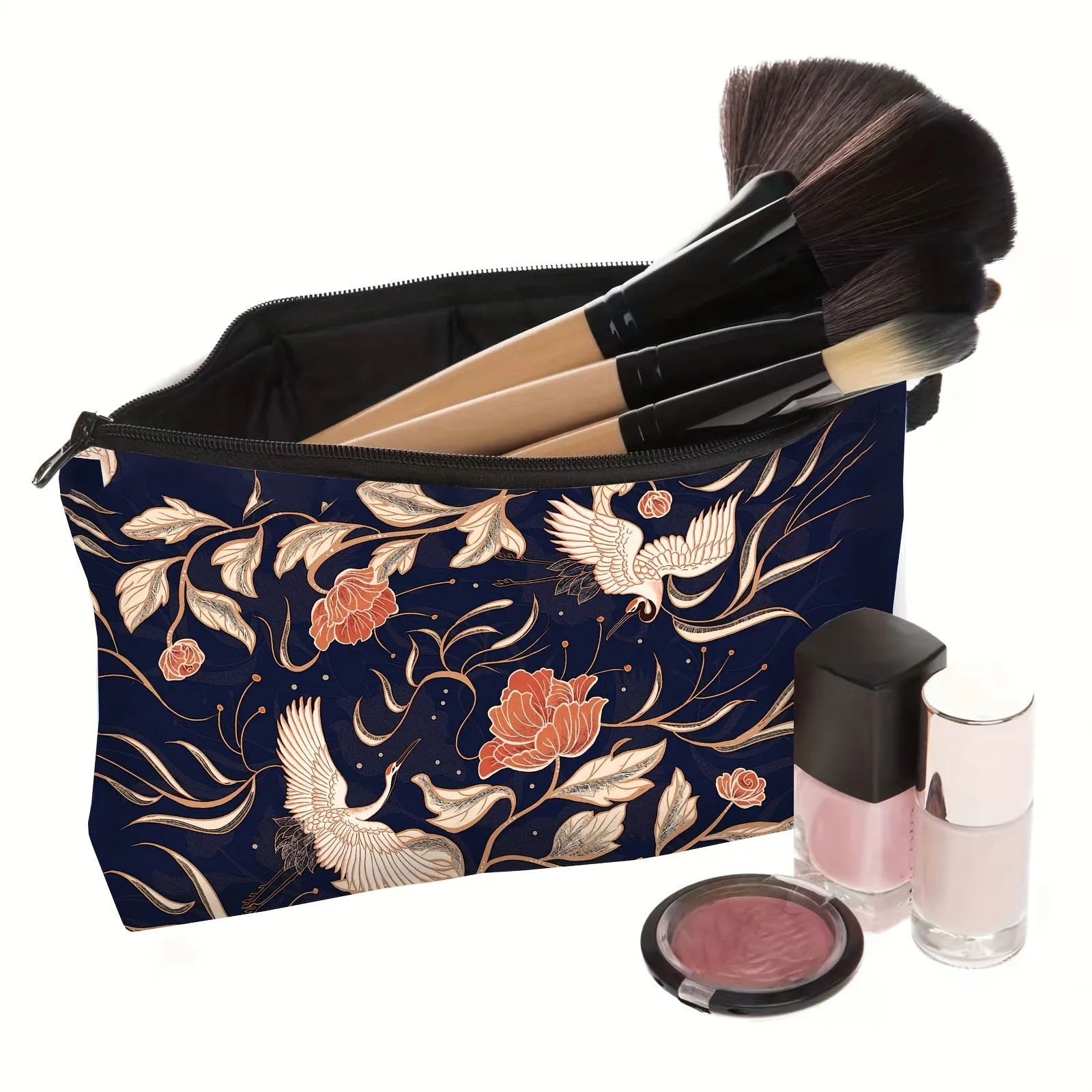 Chic Peony Crane Makeup Pouch Retro Lightweight Travel Bag