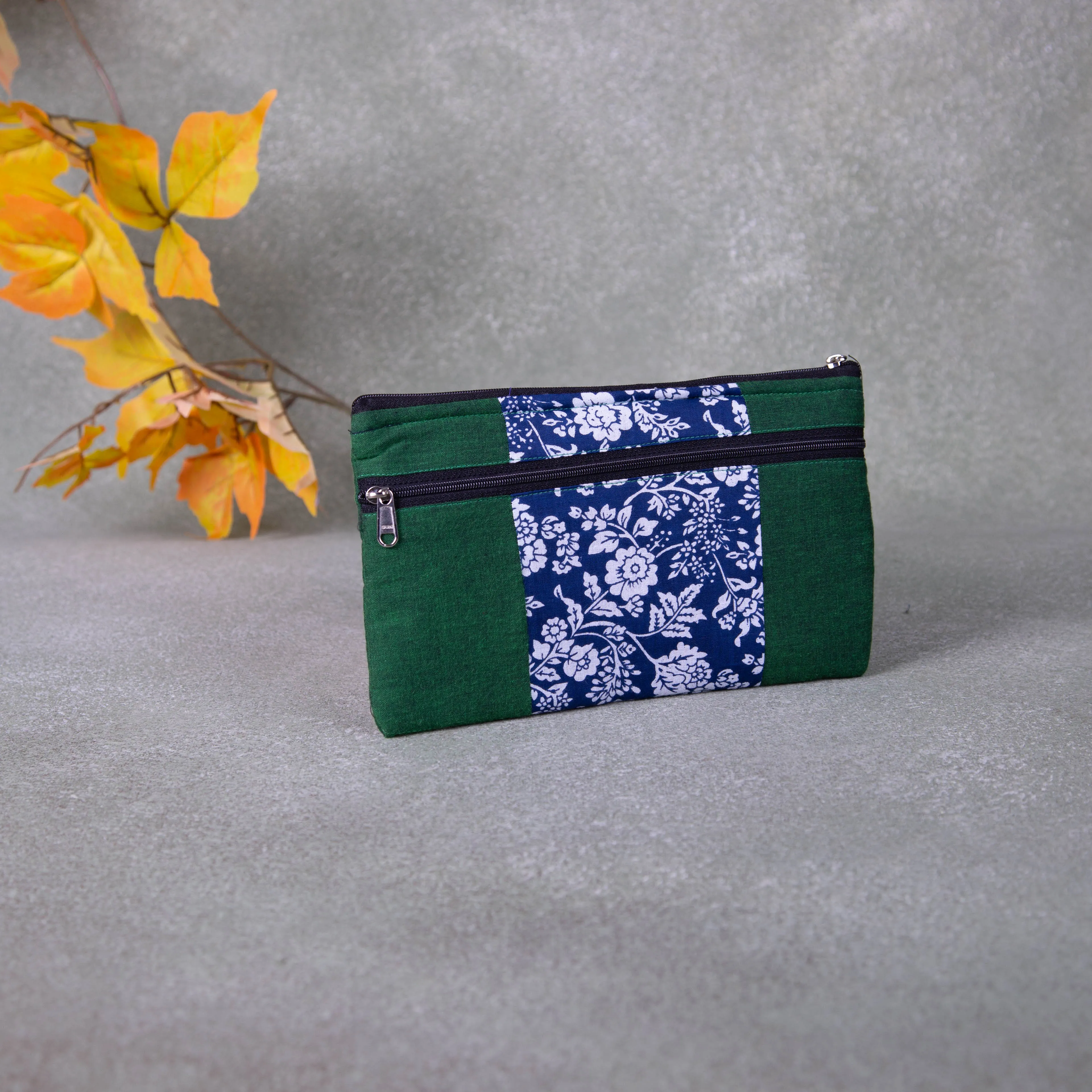 Cotton Multizip Purse Green with Blue and White Flower Design