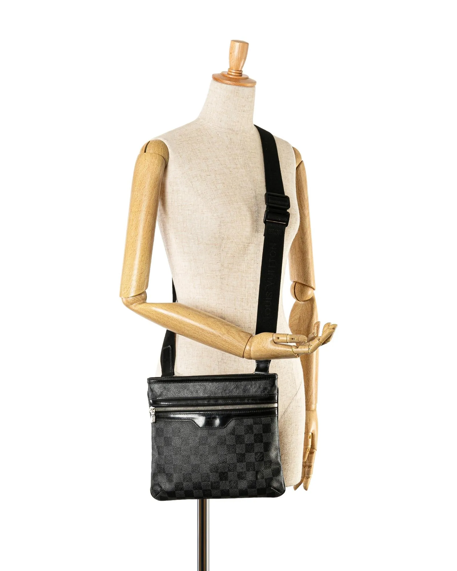 Damier Canvas Crossbody Bag with Leather Trim and Multiple Pockets