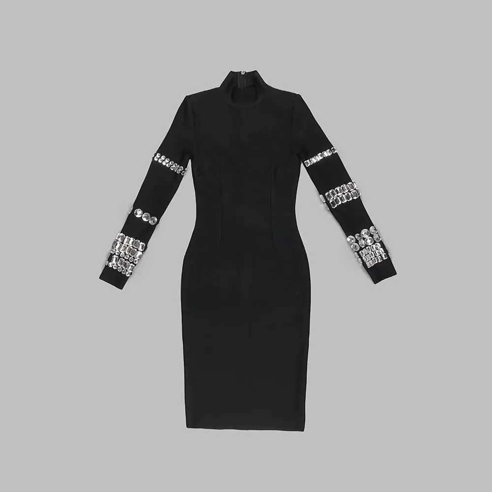 DressBetty - 2024 Luxurious Long Sleeve Diamond Black Evening Bodycon Dress