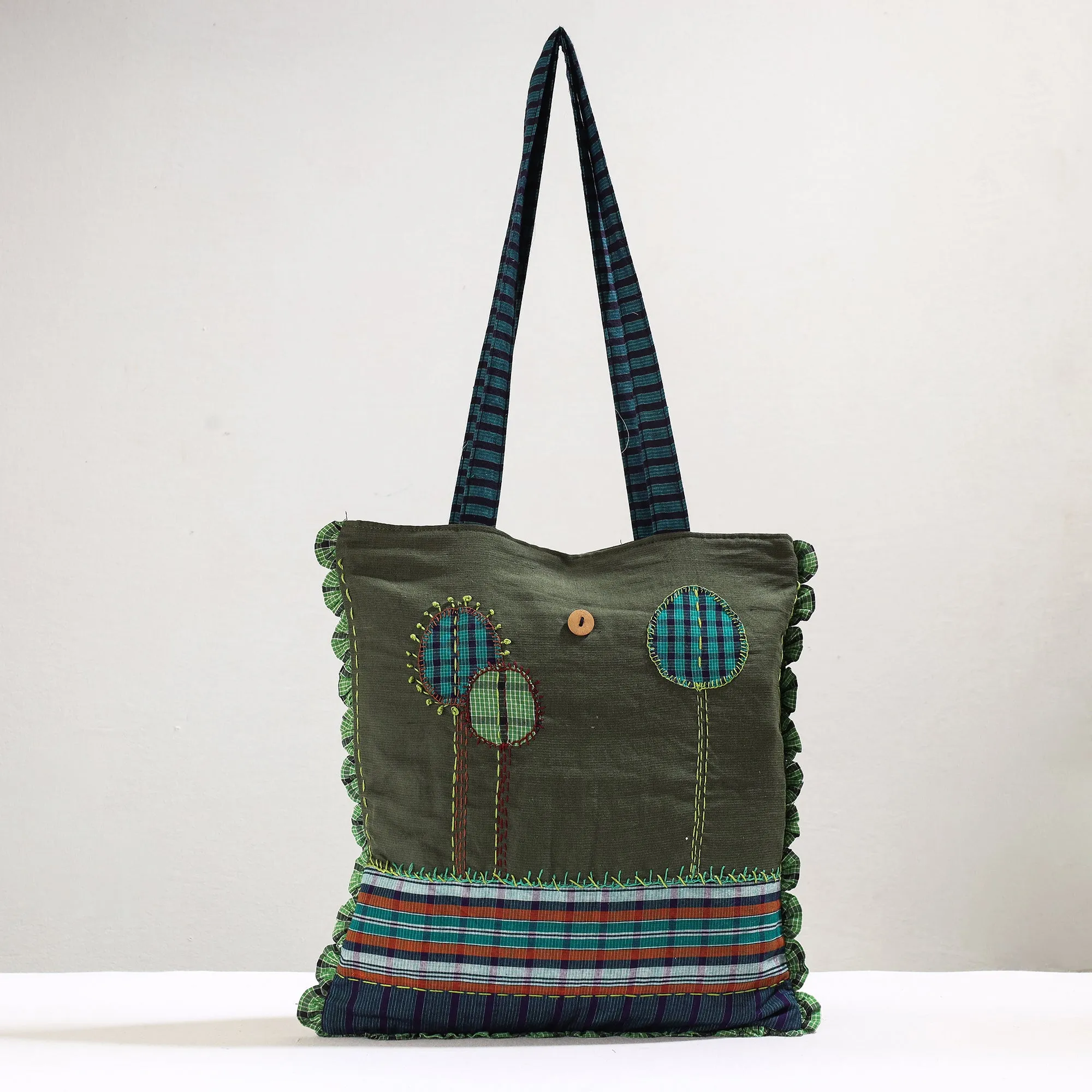 Green - Handmade Gamcha Fabric Embroidered Applique Work Hand Bag