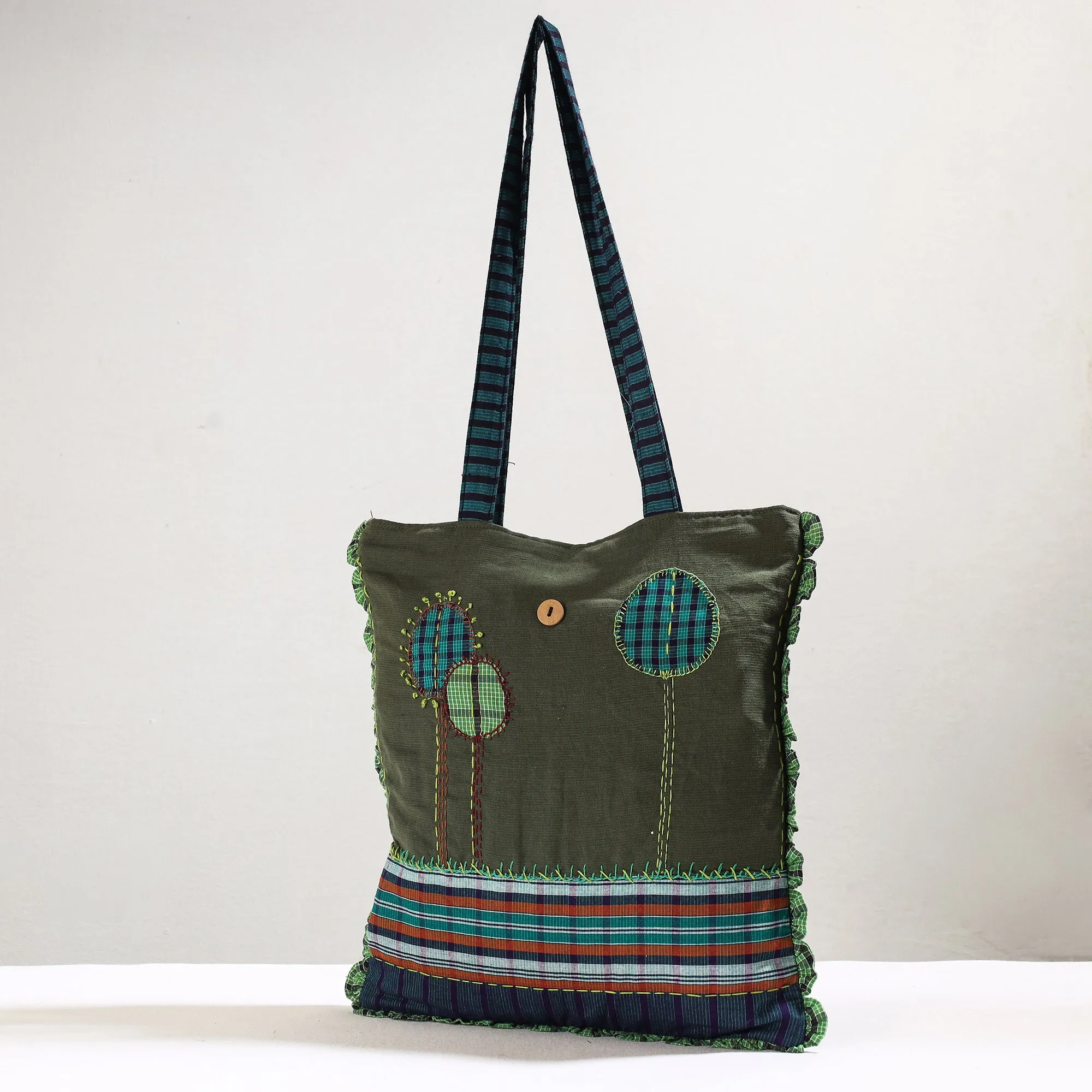 Green - Handmade Gamcha Fabric Embroidered Applique Work Hand Bag