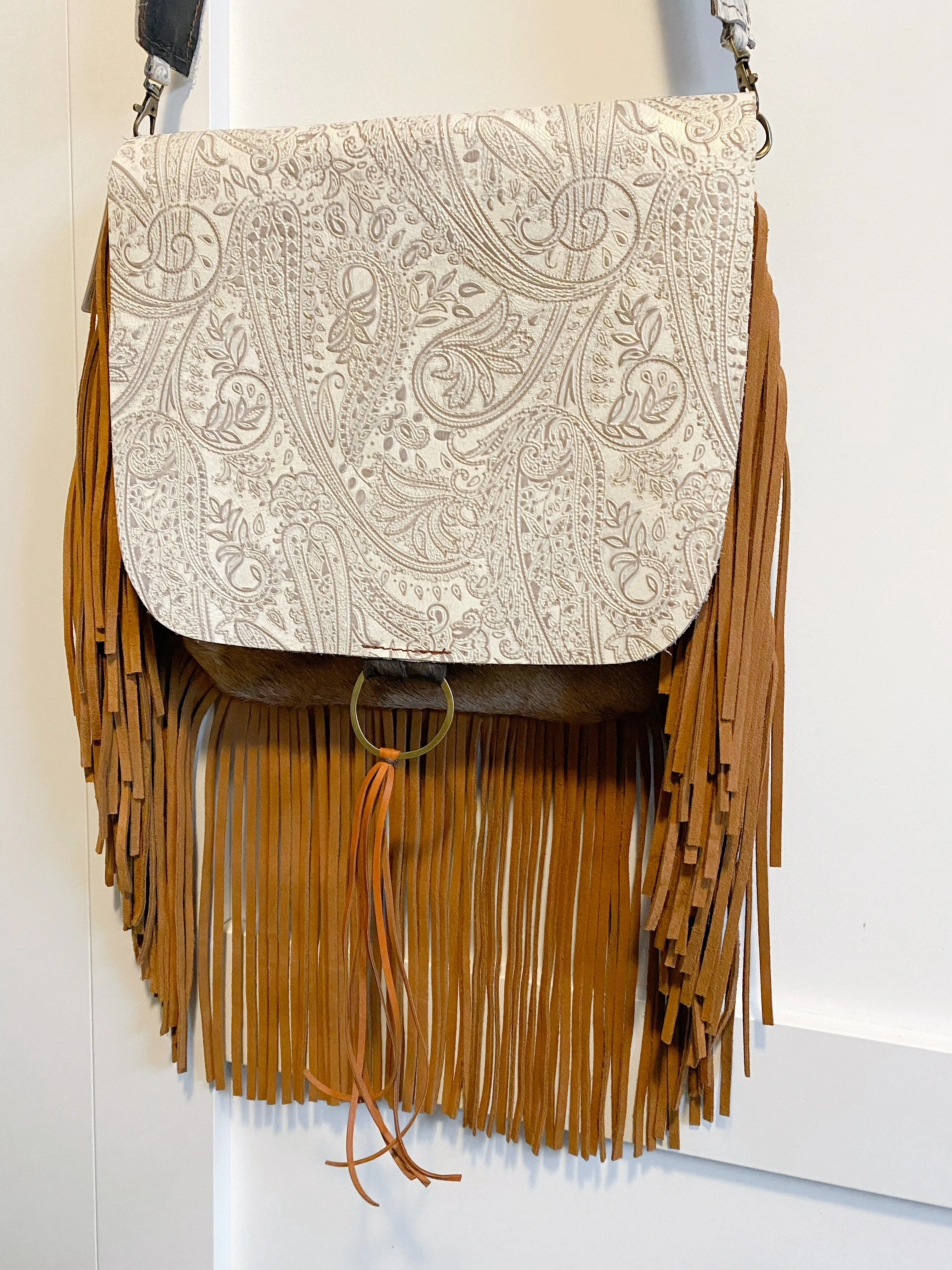 Hair-On-Hide w/ Oyster Paisley Flap Crossbody Handbag