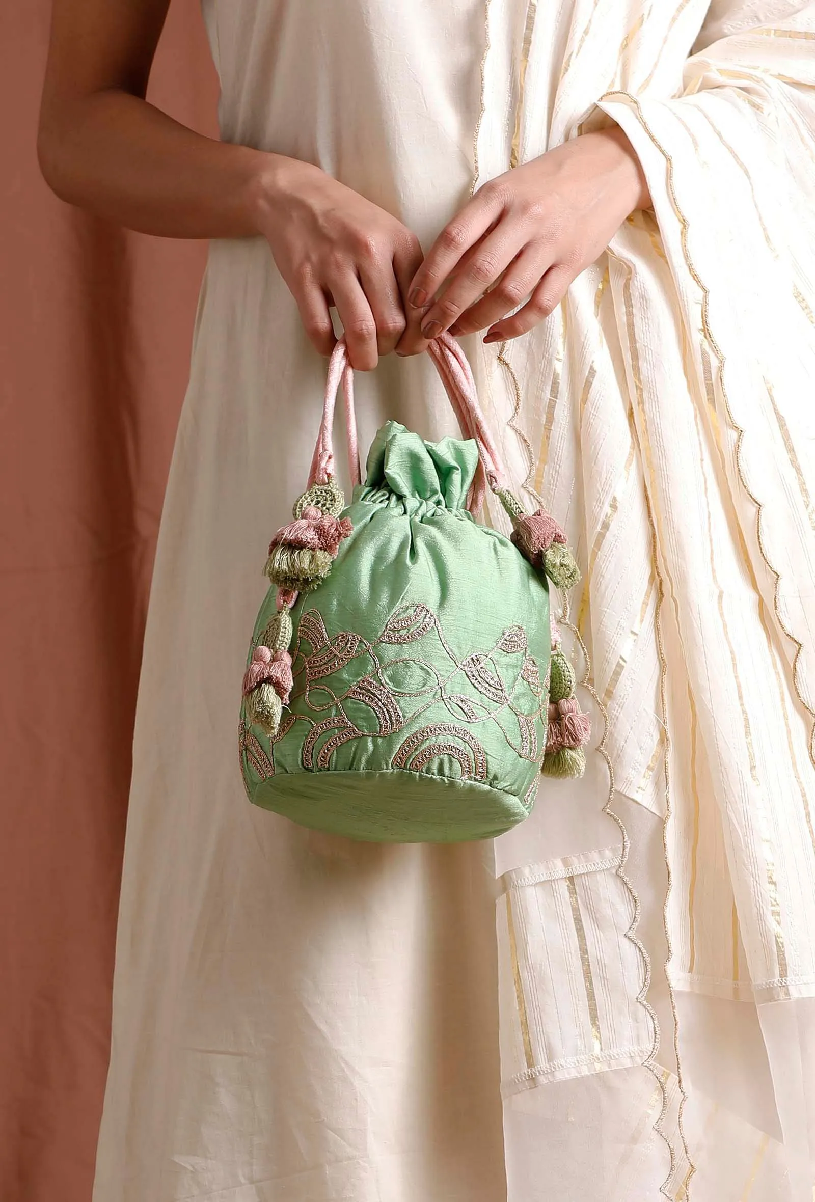 Light Green Dupion Silk Potli with Pink Strings