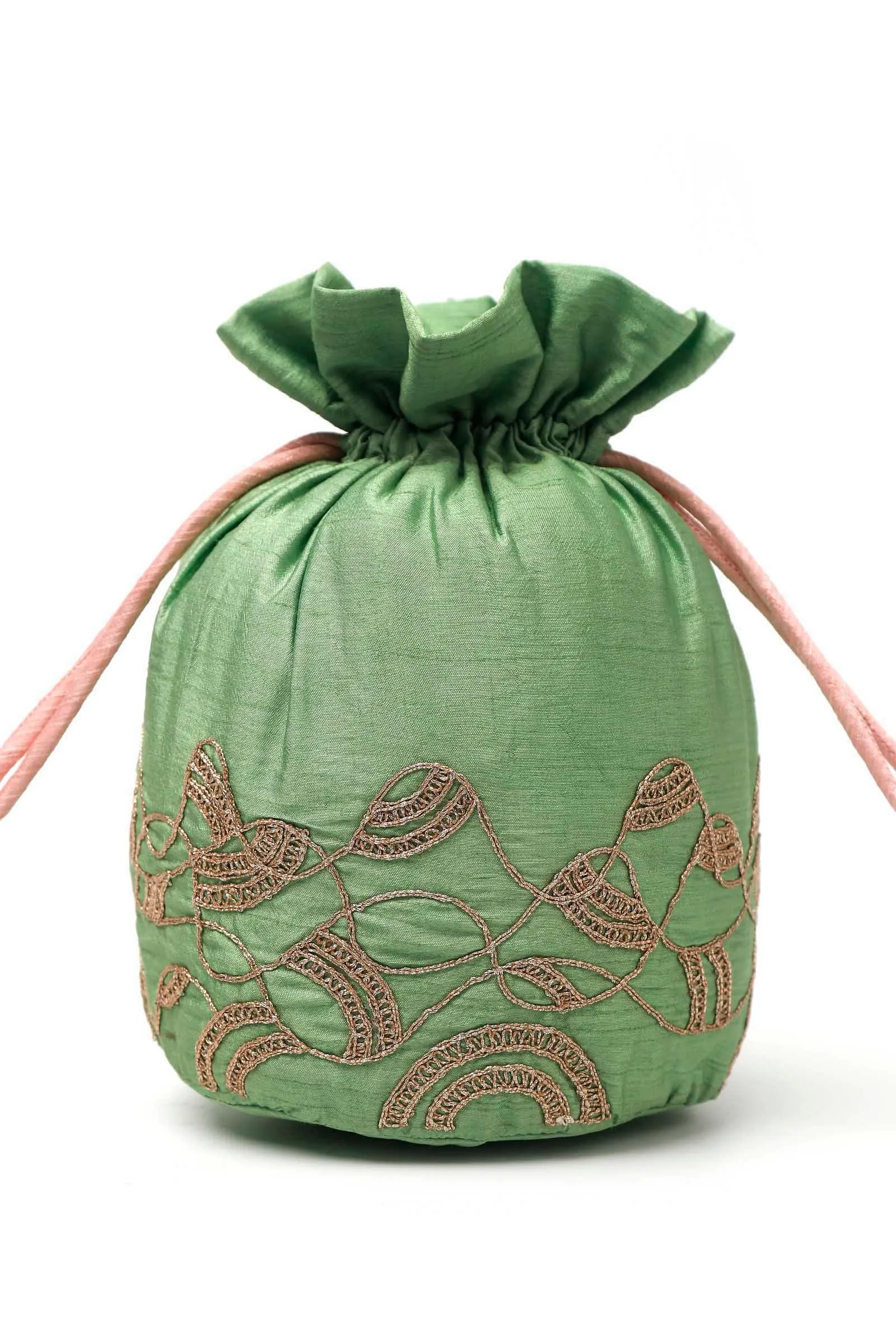 Light Green Dupion Silk Potli with Pink Strings