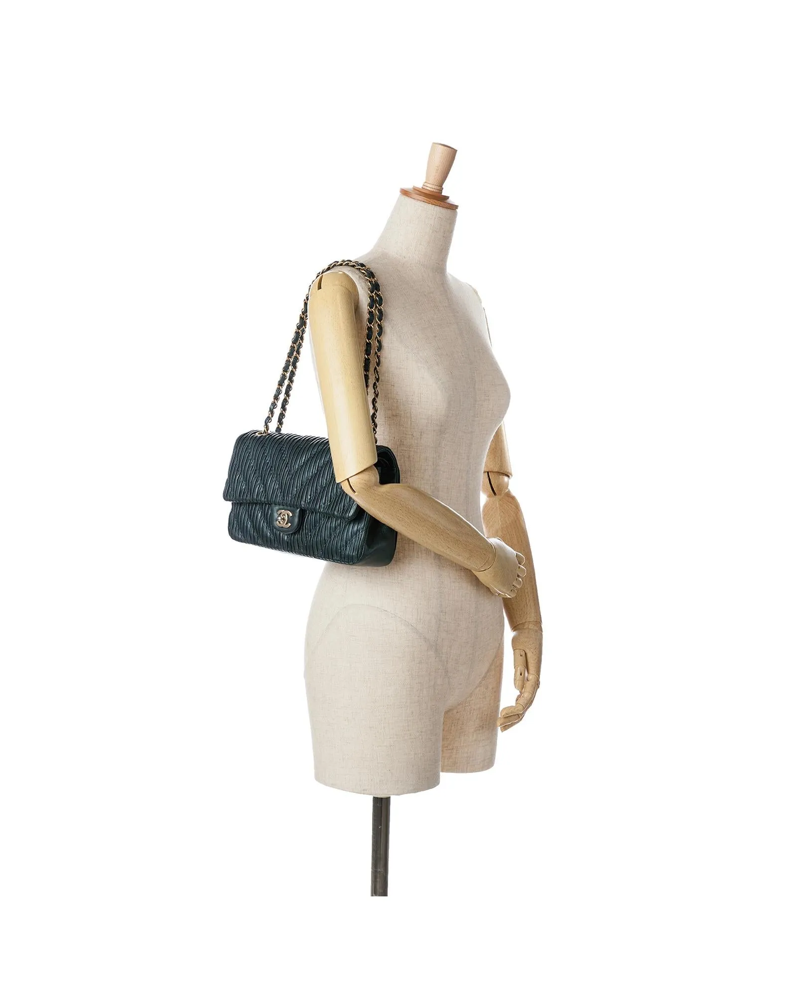 Medium Calfskin Pleated Double Flap Bag with Chain Straps