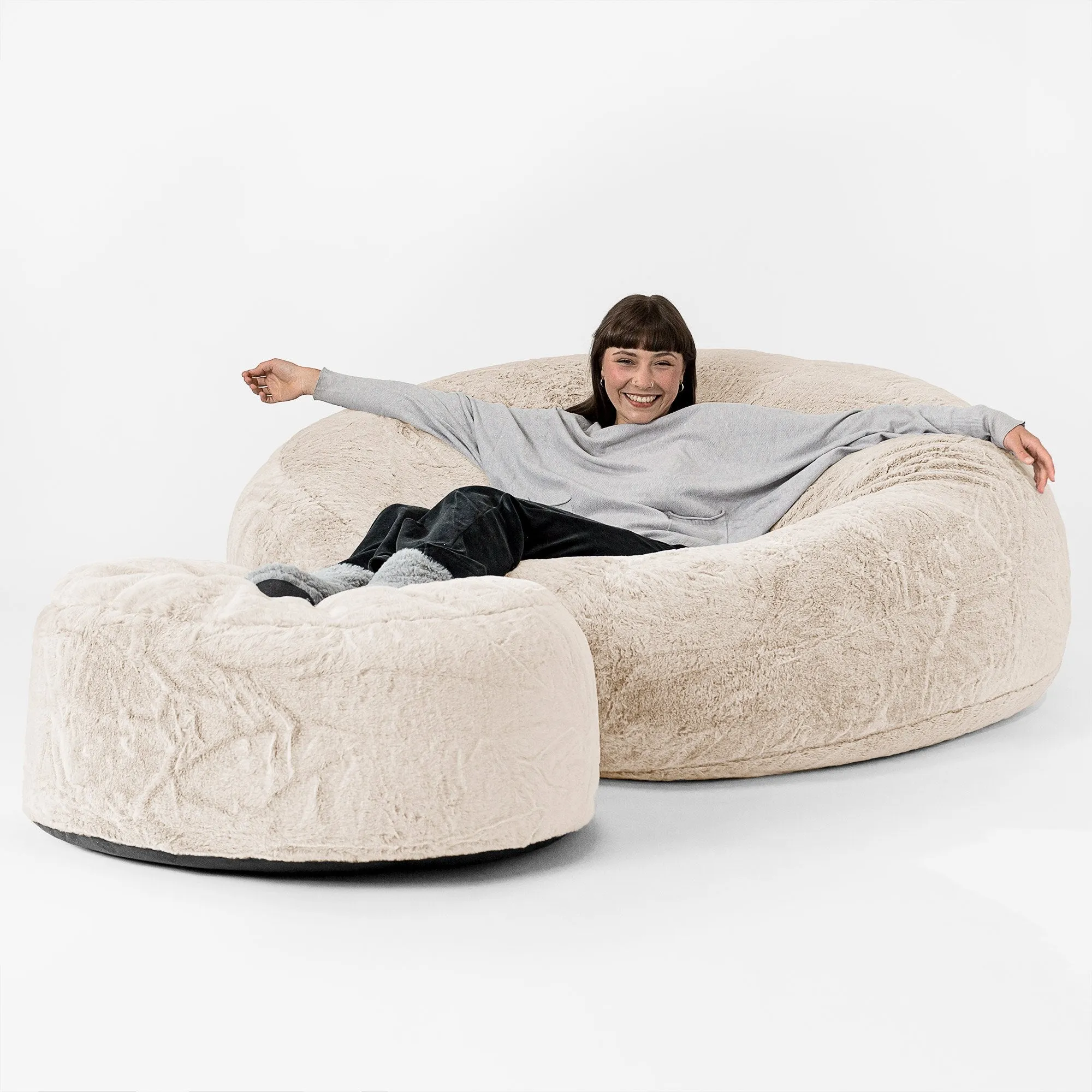 Mega Mammoth Bean Bag Sofa - Fluffy Faux Fur Rabbit White