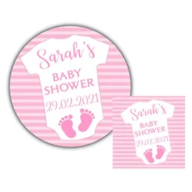 Personalised Baby Shower Stickers for Favours Party Bags Pink Baby Grow