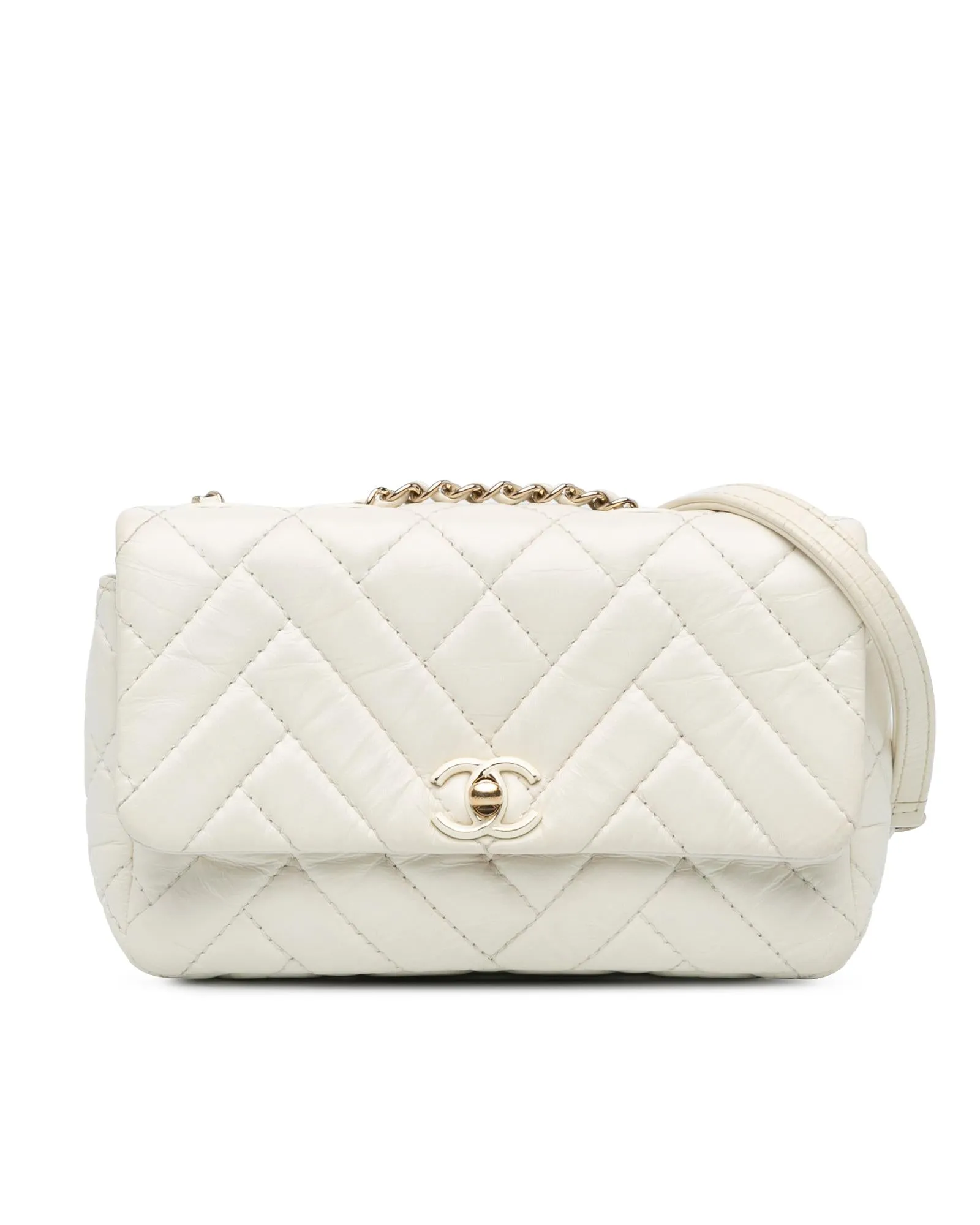 Quilted Leather Clutch with Chain Strap and Turn Lock Closure