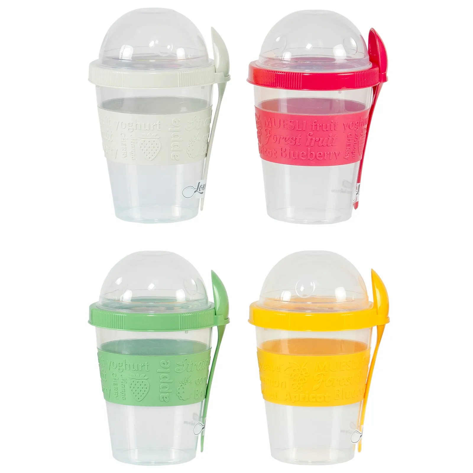 Red Co. Set of 4 Breakfast On the Go 20 Oz Reusable Yogurt Cups with Lid & Spoon – White, Pink, Green, Yellow