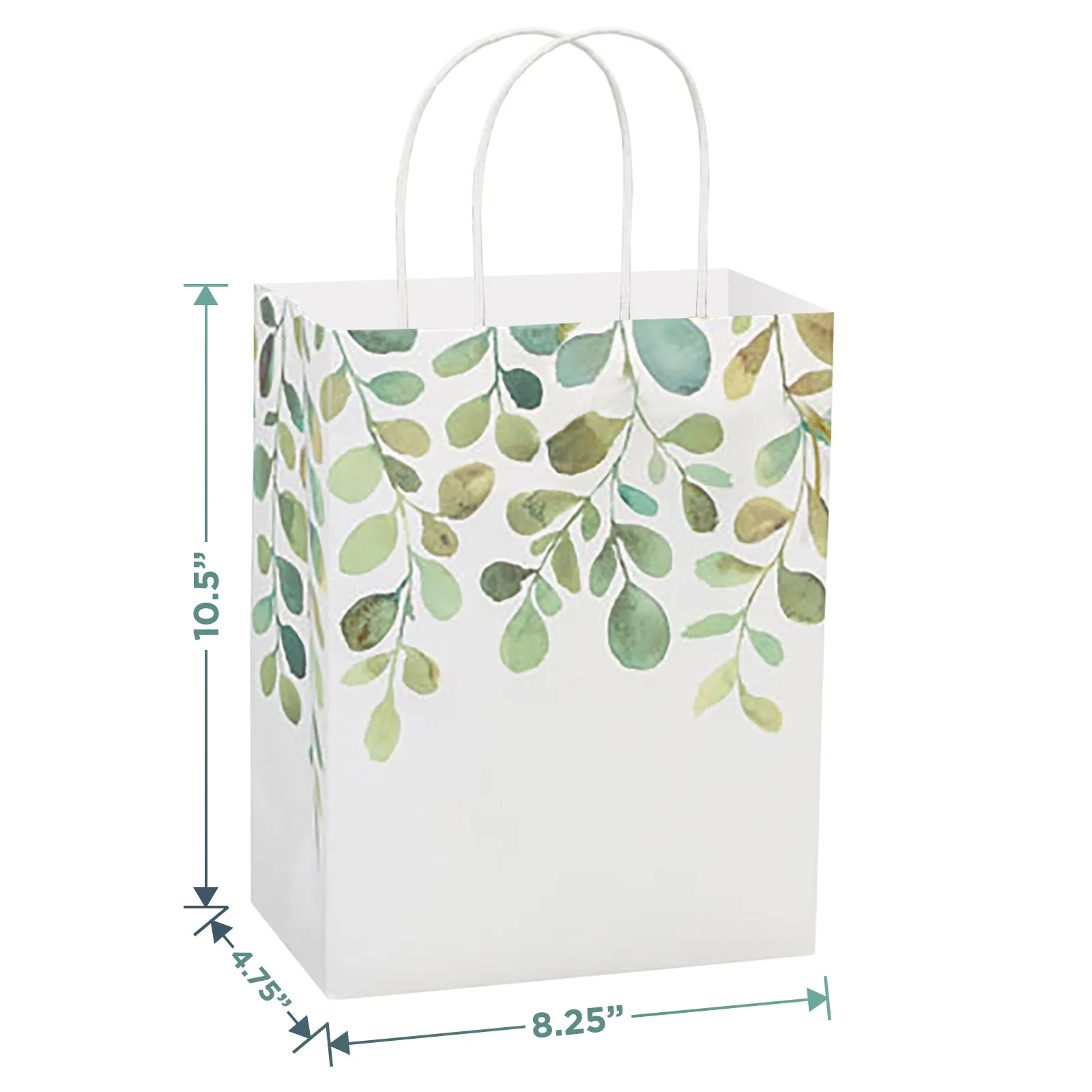 Spring Greenery Watercolor Green Leaf Paper Gift Bags and Party Favor Bags, Medium Size 8.25"x4.75"x10.5" (12 Pack)