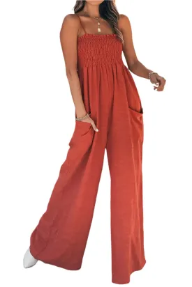 TEEK - Smocked Spaghetti Strap Wide Leg Jumpsuit