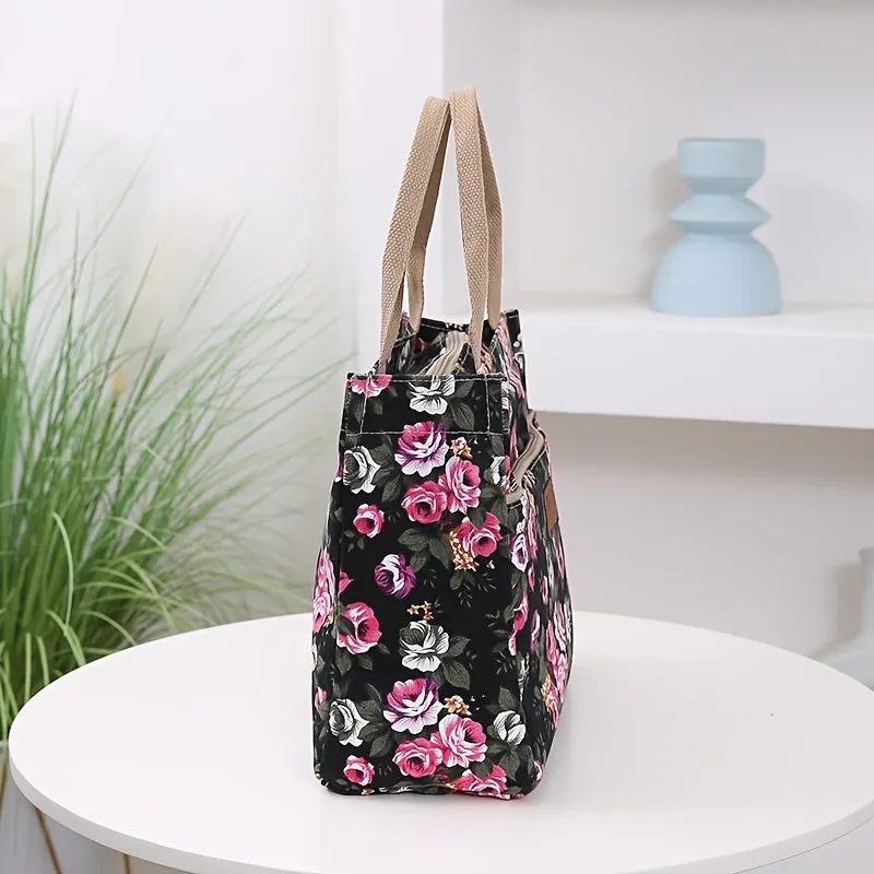 Versatile Floral Print Tote Perfect Lunch Handbag Mommy Bag