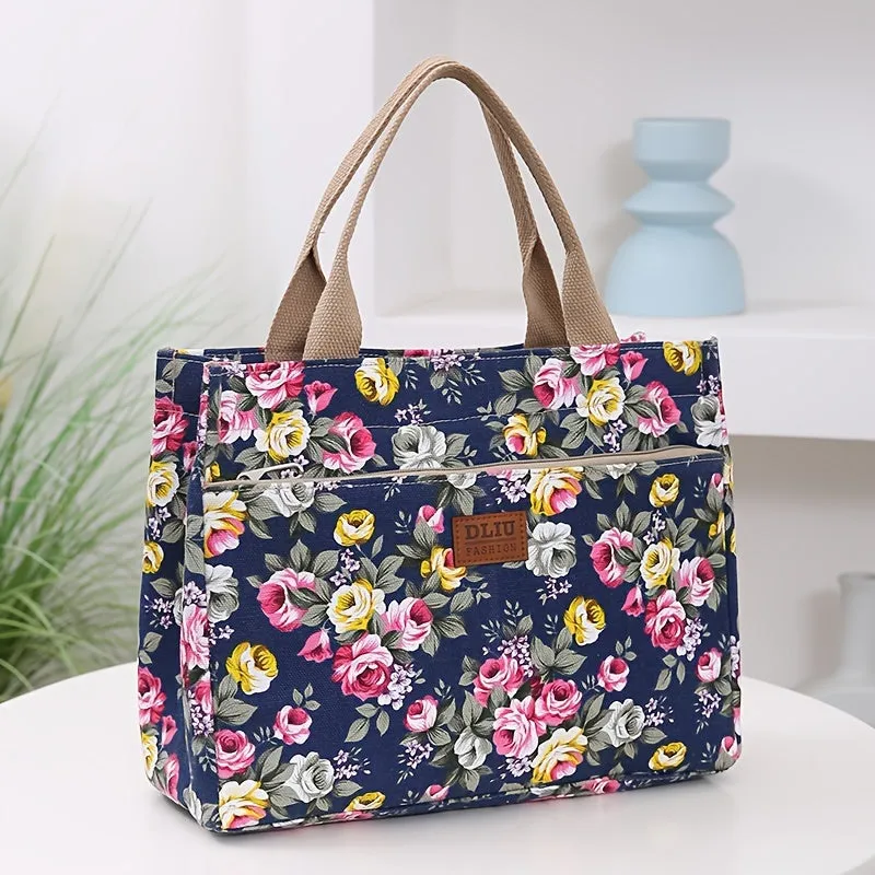 Versatile Floral Print Tote Perfect Lunch Handbag Mommy Bag