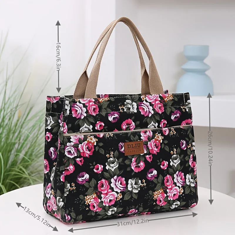 Versatile Floral Print Tote Perfect Lunch Handbag Mommy Bag