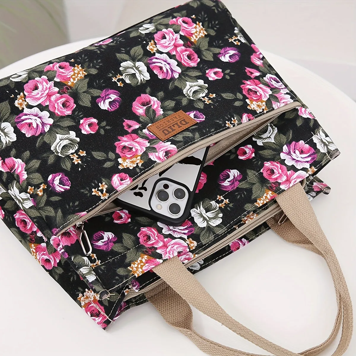 Versatile Floral Print Tote Perfect Lunch Handbag Mommy Bag