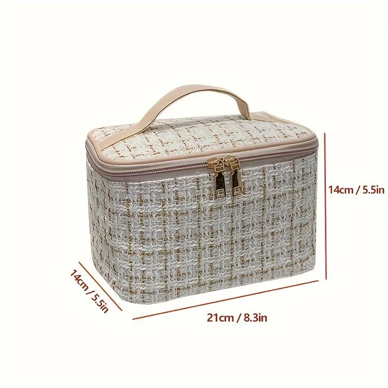 Versatile Travel Toiletry Bag with Plaid Pattern Square Design