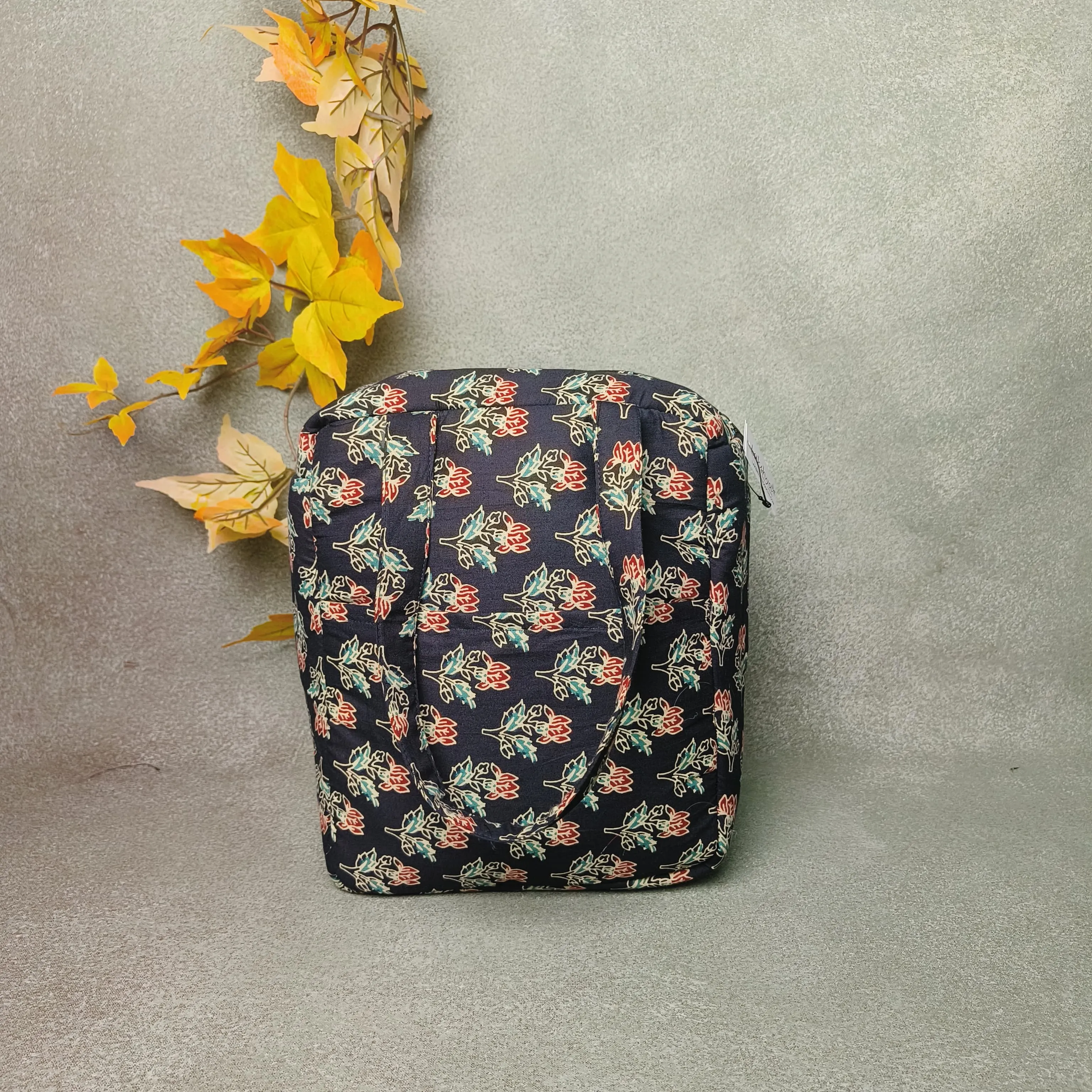 Water Proof Cotton Lunch Bag Black Colour with Red Colour Flower Design.