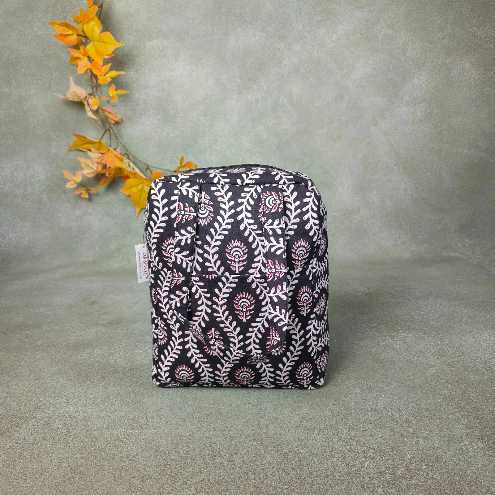 Water Proof Cotton Lunch Bag Black with White Cleric Knot Prints Design