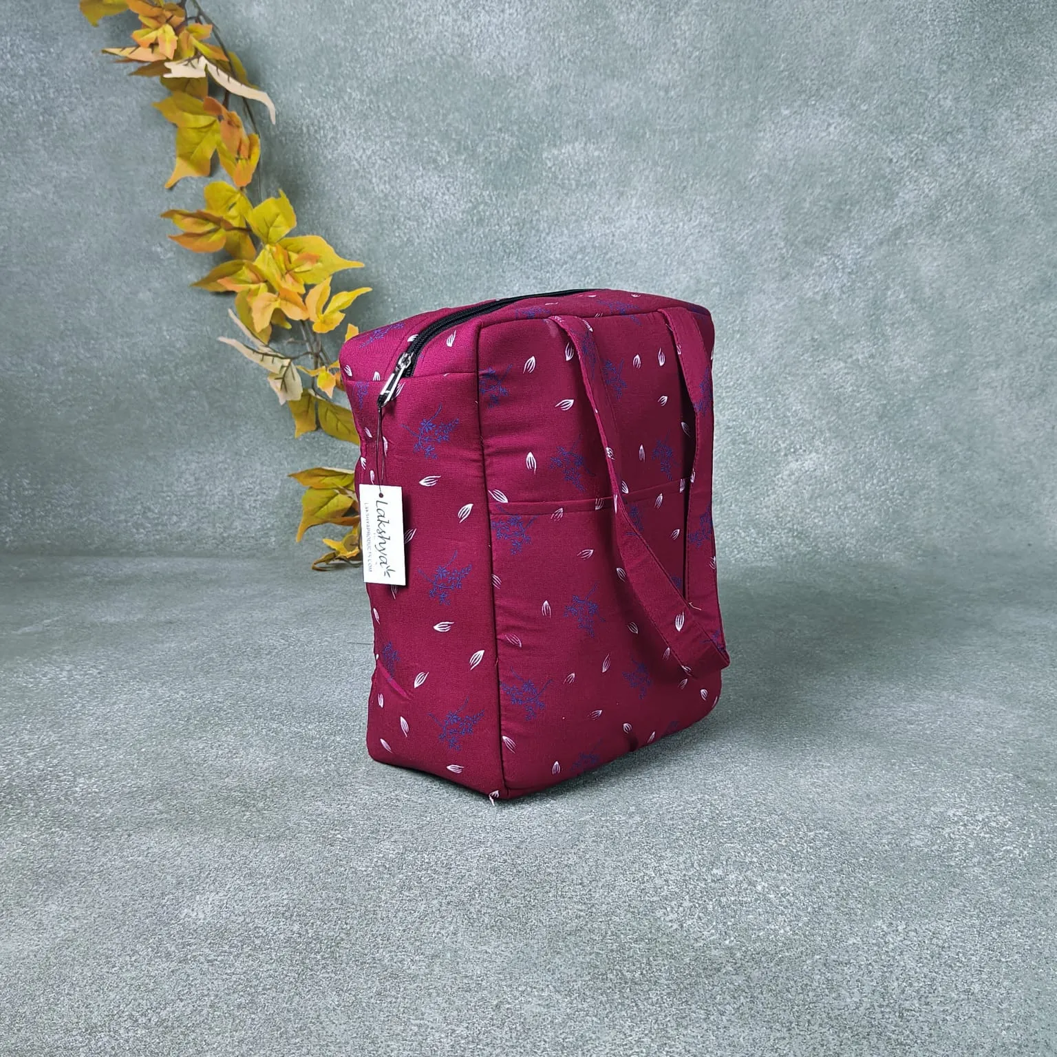 Water Proof Cotton Lunch Bag Dark Red Designer Floral Prints