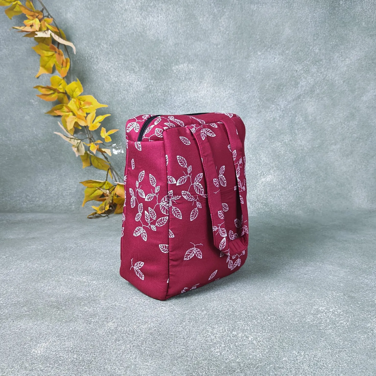 Water Proof Cotton Lunch Bag Dark Red Floral Prints