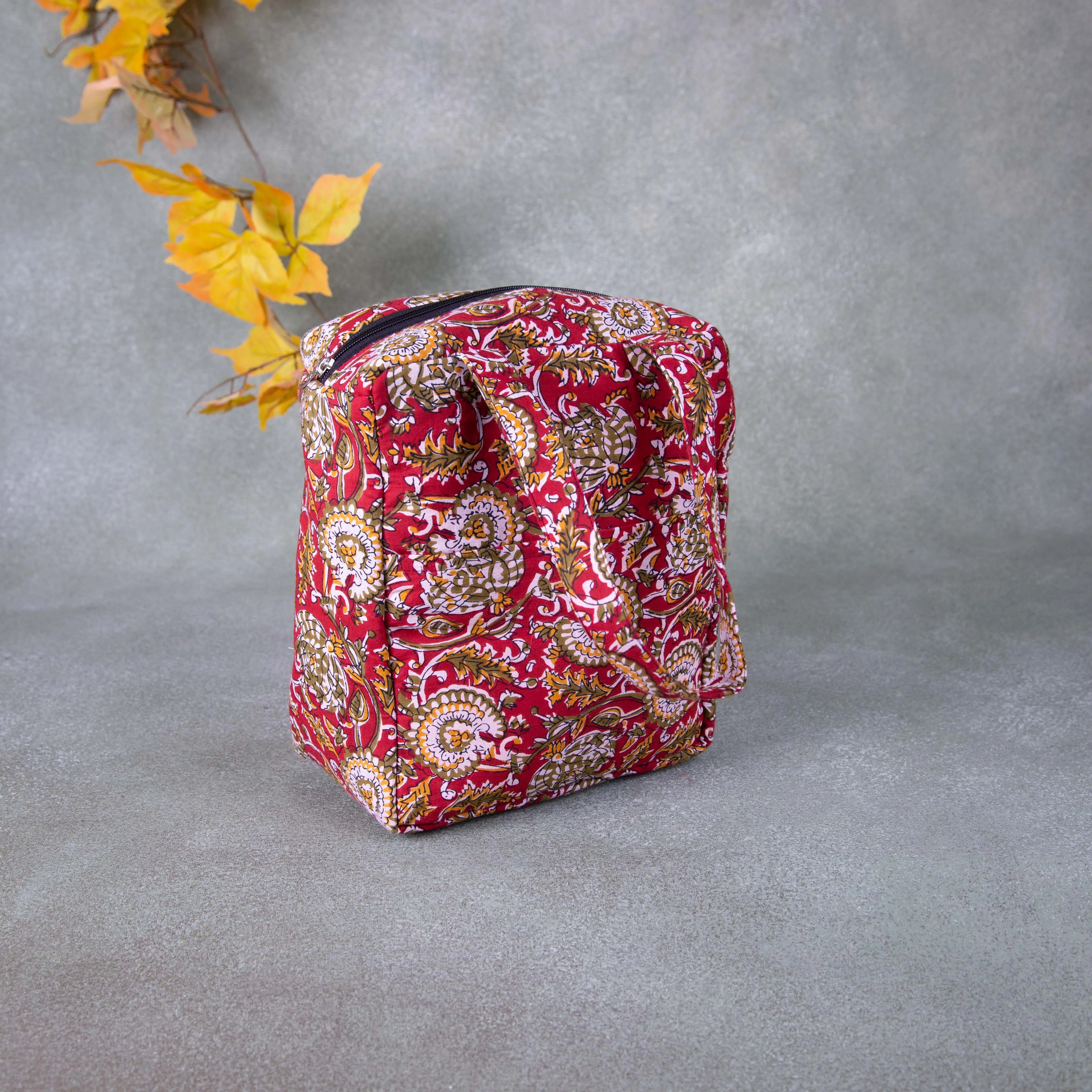 Water Proof Cotton Lunch Bag Red with Mustered with Flower Design.