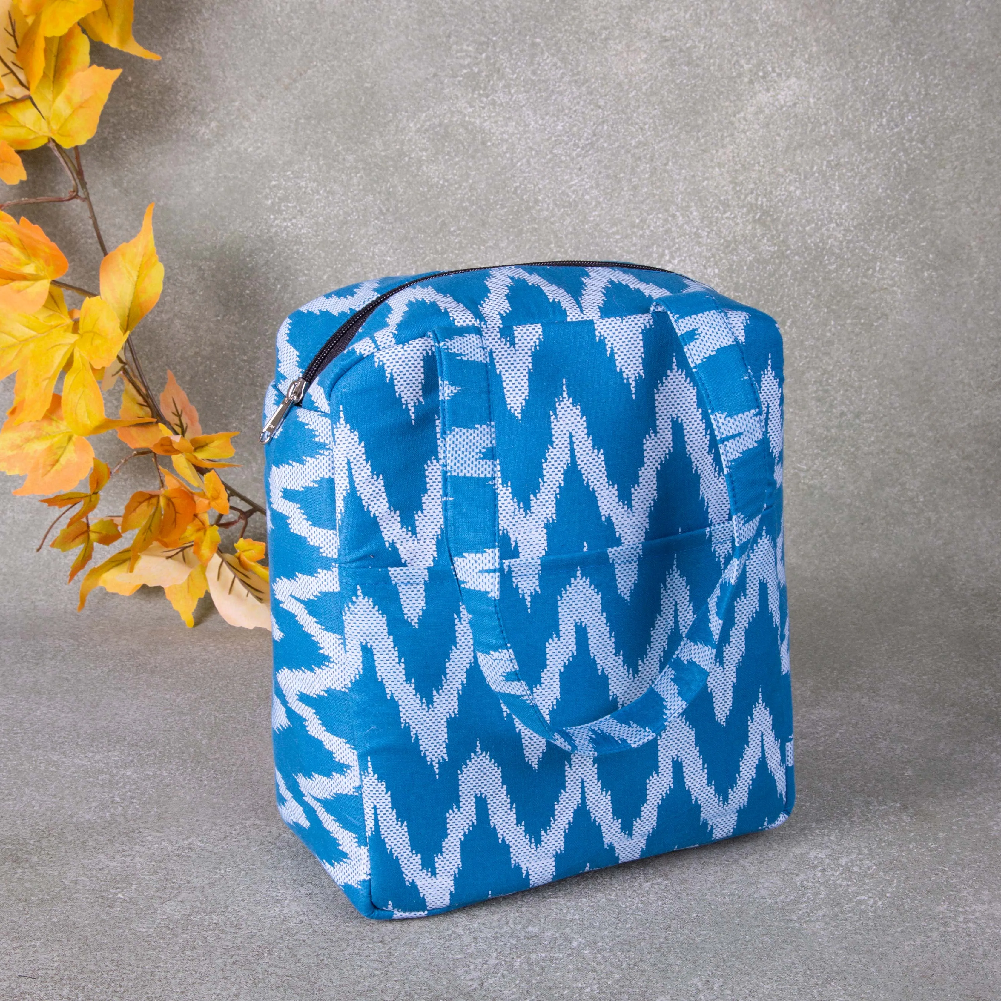 Water Proof Cotton Lunch Bag Sky Blue Colour with White Zig zag Design.