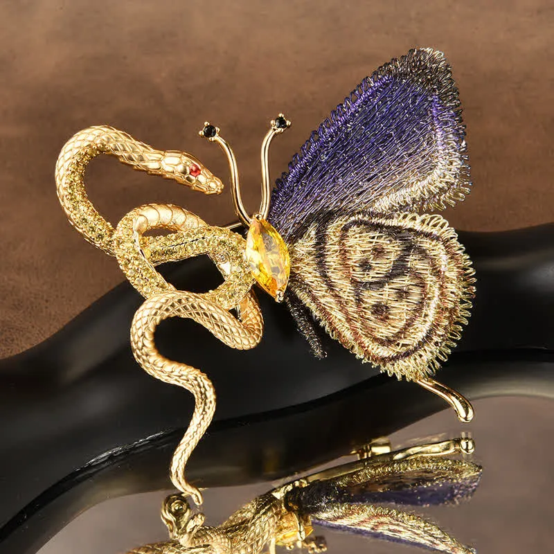 Women's Purple Embroidery Butterfly & Gold Snake Brooch