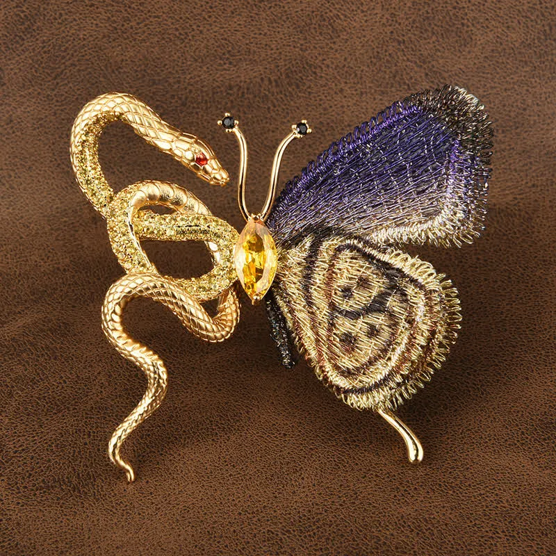 Women's Purple Embroidery Butterfly & Gold Snake Brooch